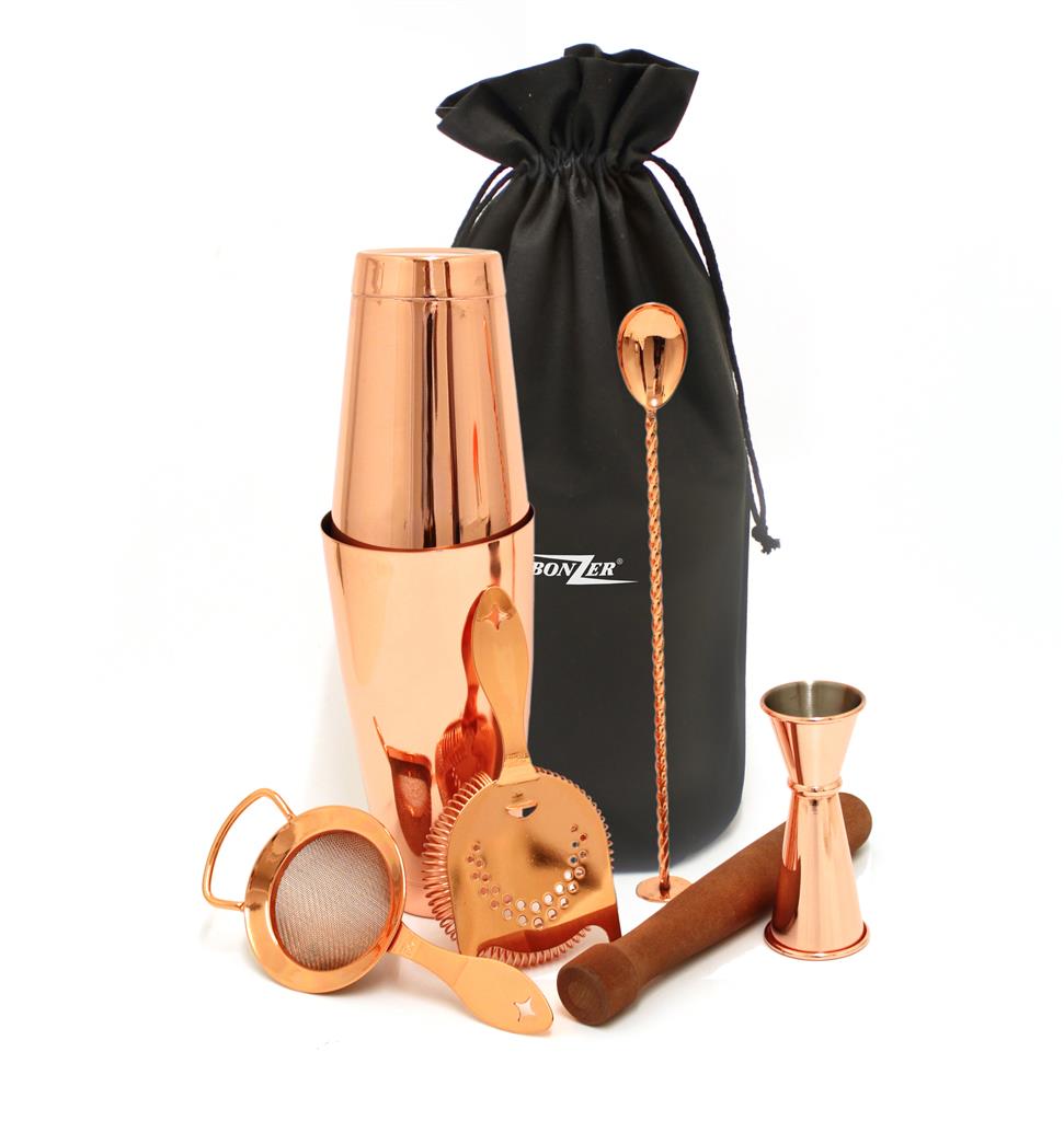 Bonzer Copper 7 Piece Cocktail Kit with Storage Bag Jigger, Wooden Muddler, 28oz Boston Can, 18oz Boston Can Bonzer, Mixing Spoon, Bonzer Heritage Hawthorne Strainer, Bonzer Heritage Fine Strainer