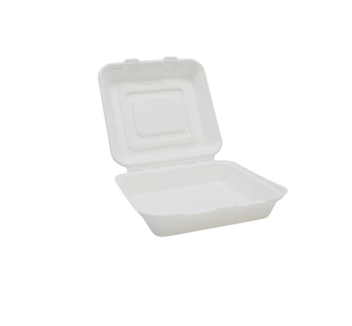 8"  Bagasse Clamshell Meal Boxes